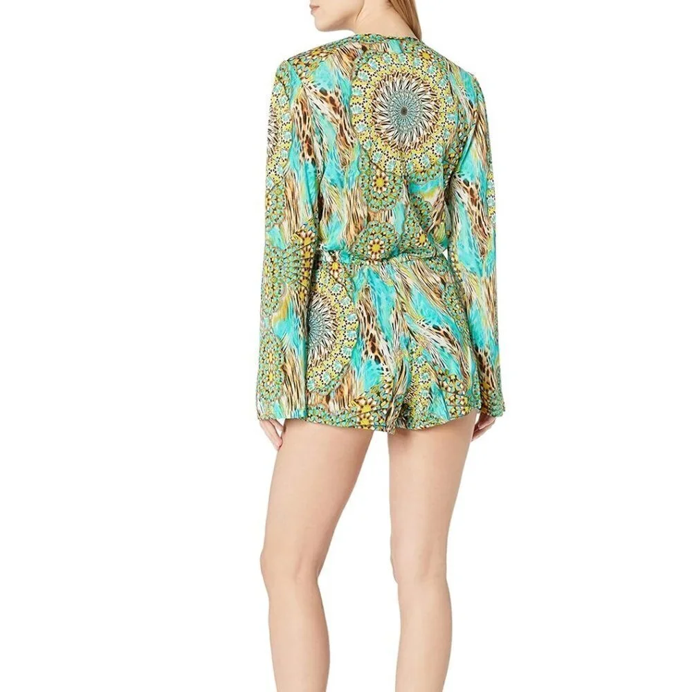Luli Fama Romper Cover Up Moon Princess Wrap Front Green Size: Small